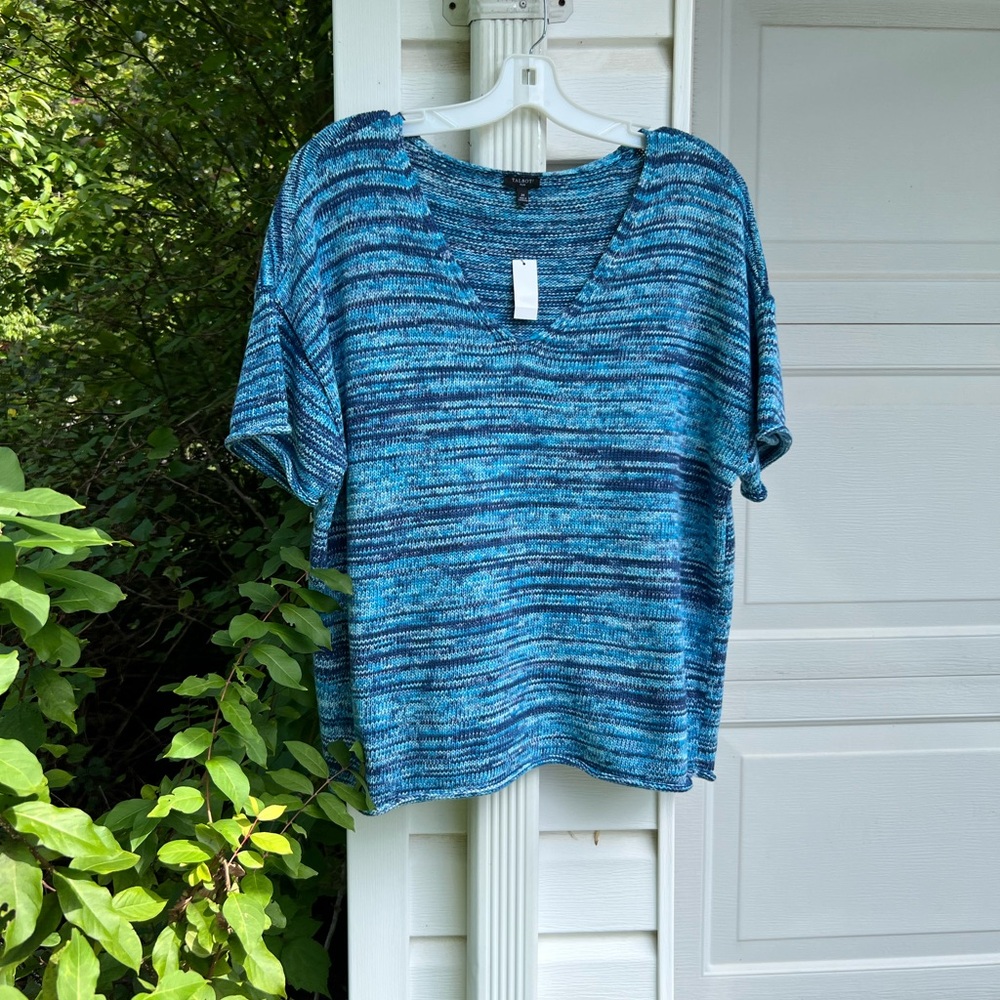 NWT Talbots Pretty Variegated Blues V-Neck Short Sleeve Sweater
